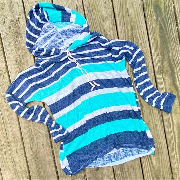 Beachy Lightweight Turquoise Navy White Striped Pullover Hoodie | Size M - Picture 6 of 7